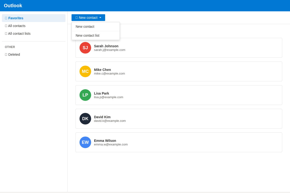 Outlook People view with New contact list option