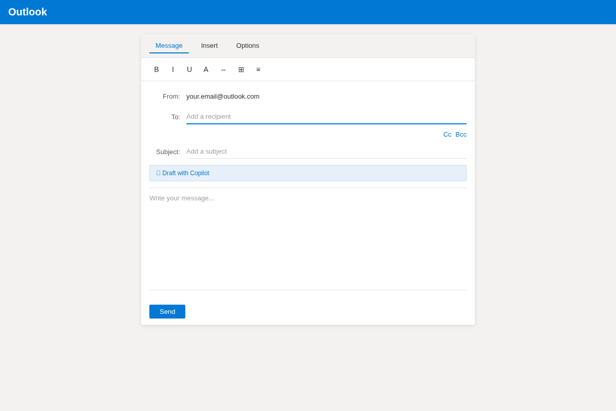 Outlook compose window showing To Cc and Bcc fields