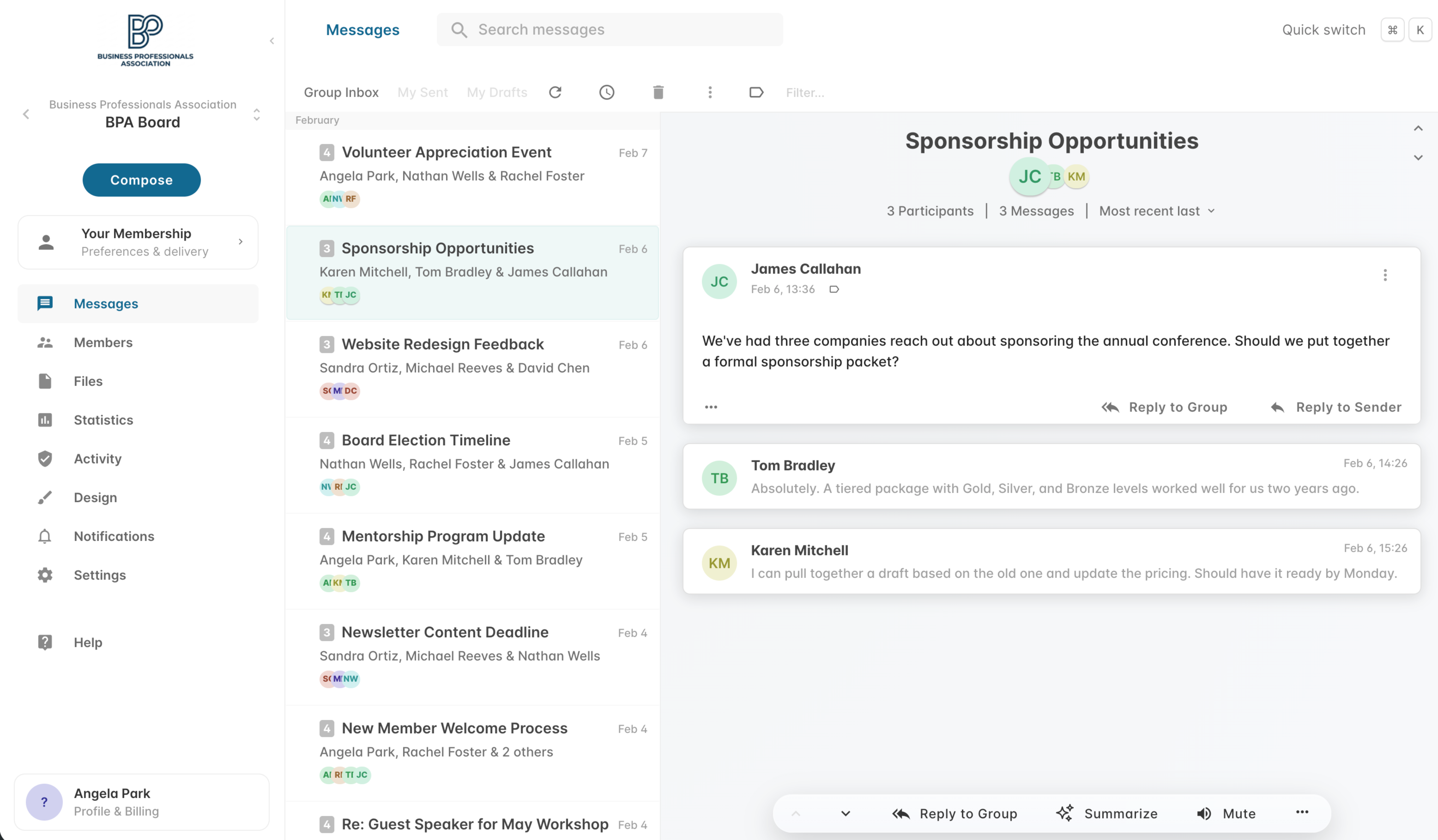 Gaggle Mail group email interface showing message threads and member management
